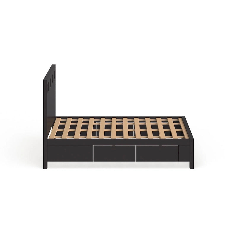 Letto a piattaforma contenitore con testiera rettangolare intagliata – Finitura espresso