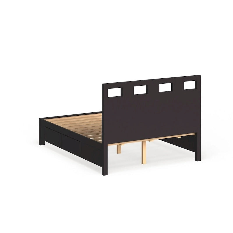 Letto a piattaforma contenitore con testiera rettangolare intagliata – Finitura espresso