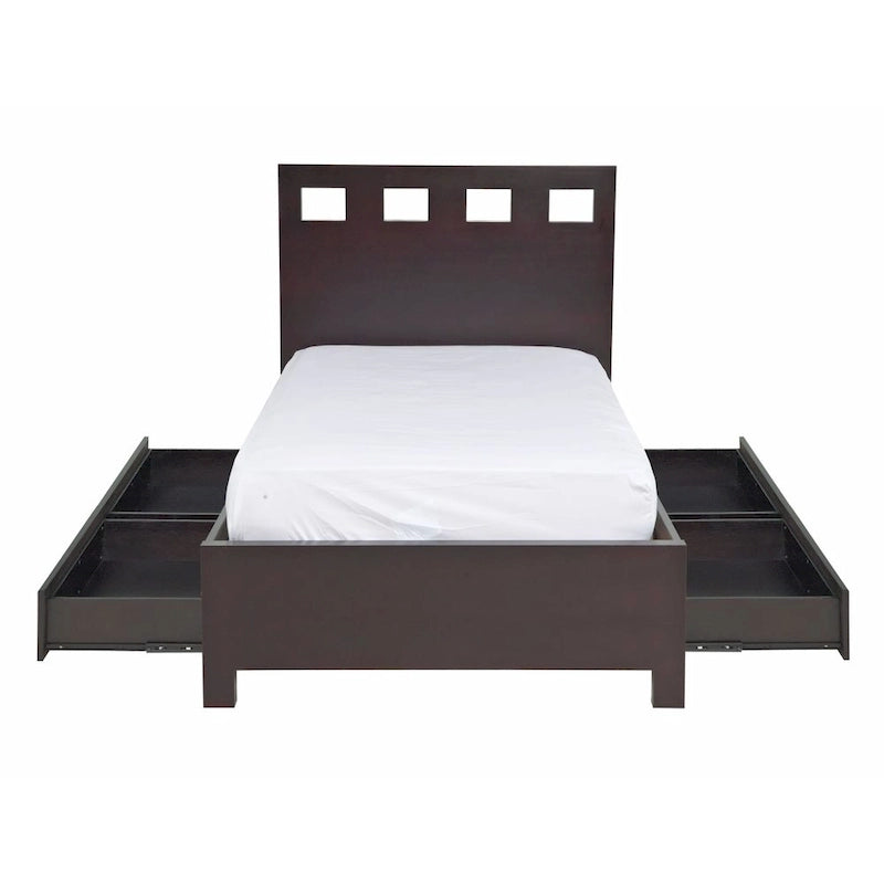 Letto a piattaforma contenitore con testiera rettangolare intagliata – Finitura espresso