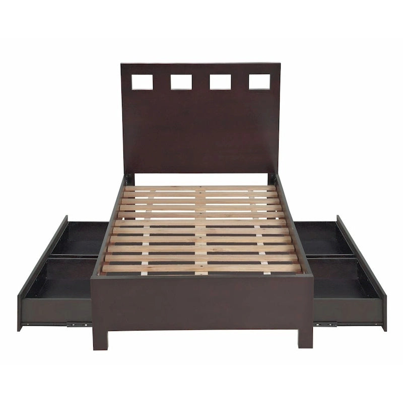 Letto a piattaforma contenitore con testiera rettangolare intagliata – Finitura espresso