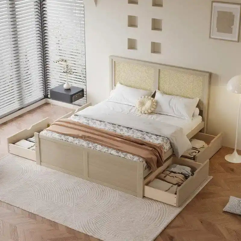 Letto a piattaforma contenitore matrimoniale con 4 cassetti e testiera in rattan