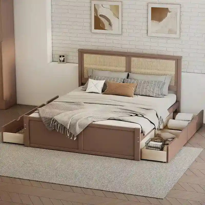 Letto a piattaforma contenitore matrimoniale con 4 cassetti e testiera in rattan