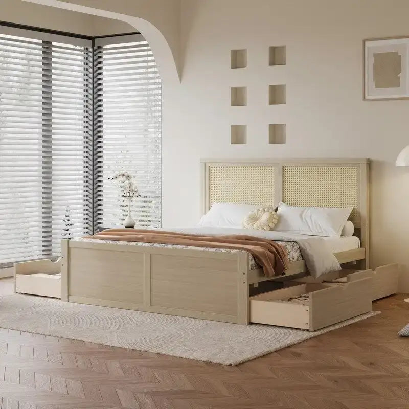 Letto a piattaforma contenitore matrimoniale con 4 cassetti e testiera in rattan