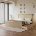 Letto a piattaforma contenitore matrimoniale con 4 cassetti e testiera in rattan