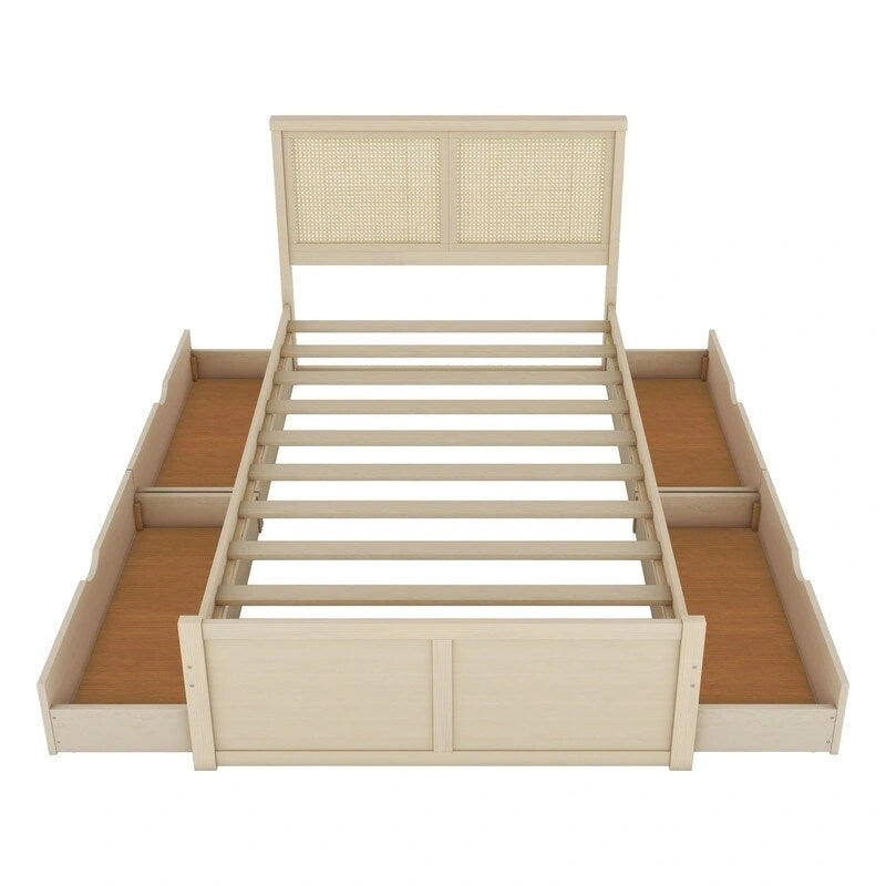 Letto a piattaforma contenitore matrimoniale con 4 cassetti e testiera in rattan