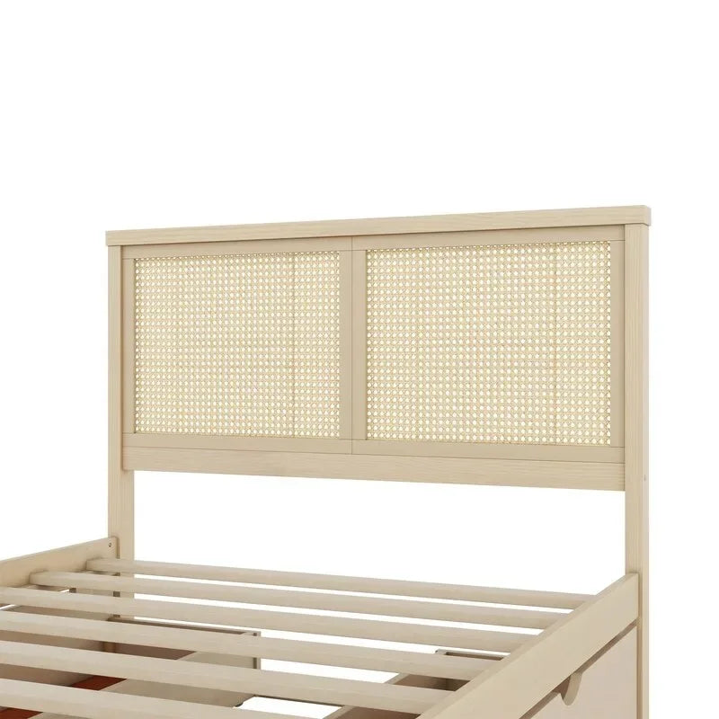 Letto a piattaforma contenitore matrimoniale con 4 cassetti e testiera in rattan