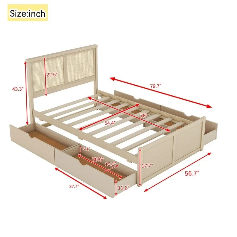 Letto a piattaforma contenitore matrimoniale con 4 cassetti e testiera in rattan
