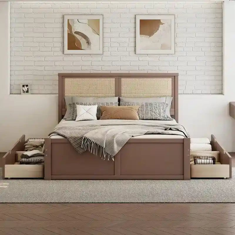 Letto a piattaforma contenitore matrimoniale con 4 cassetti e testiera in rattan