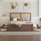 Letto a piattaforma contenitore matrimoniale con 4 cassetti e testiera in rattan