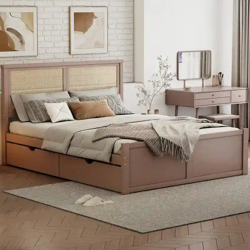 Letto a piattaforma contenitore matrimoniale con 4 cassetti e testiera in rattan