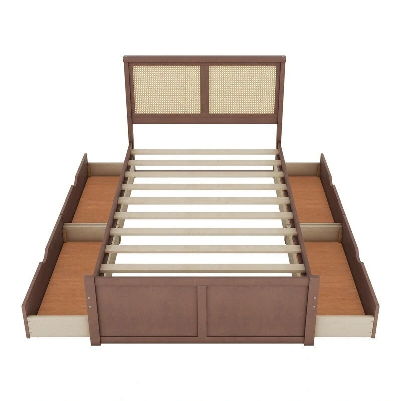 Letto a piattaforma contenitore matrimoniale con 4 cassetti e testiera in rattan