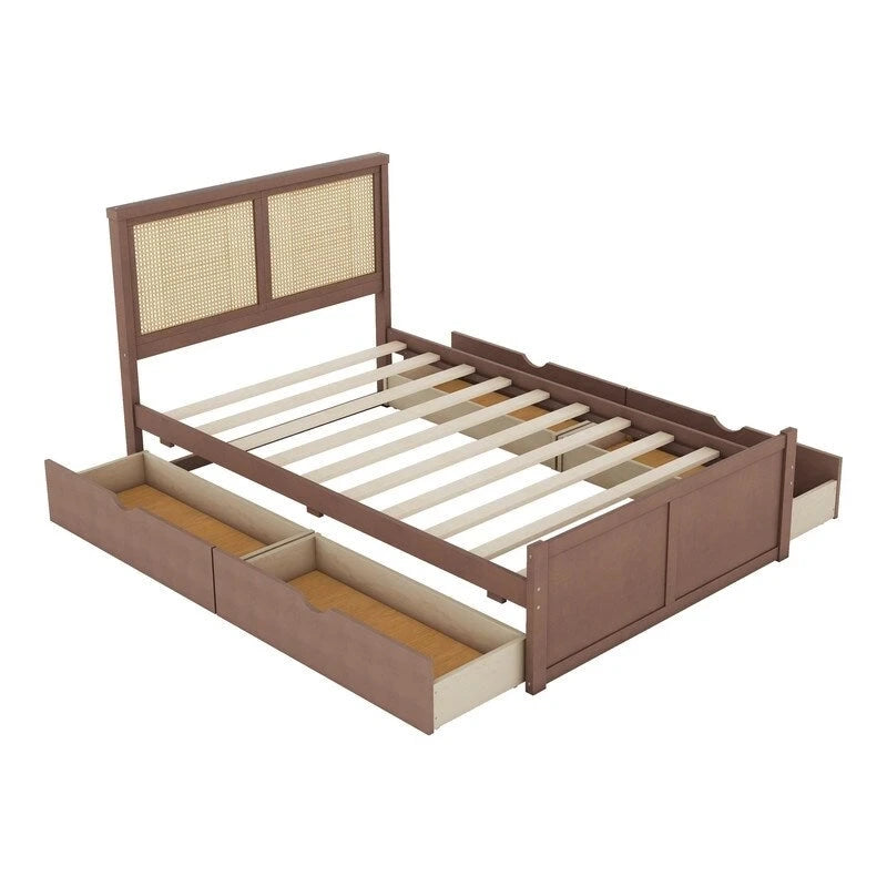 Letto a piattaforma contenitore matrimoniale con 4 cassetti e testiera in rattan