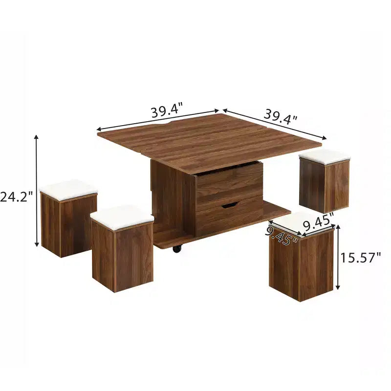 Multifunktionaler moderner Couchtisch mit Hubplatte und verstecktem Stauraum, 4 Hockern und Rollen, perfekt für moderne Wohnräume