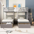 Whisen Etagenbett mit Doppelbett über Einzelbett, dreistöckiges Holzetagenbett mit Schubladen und Schutzgittern