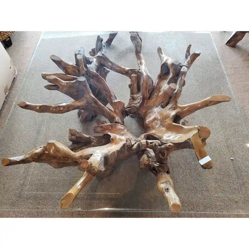 Tavolino da caffè con base in radice di legno e piano quadrato in vetro
