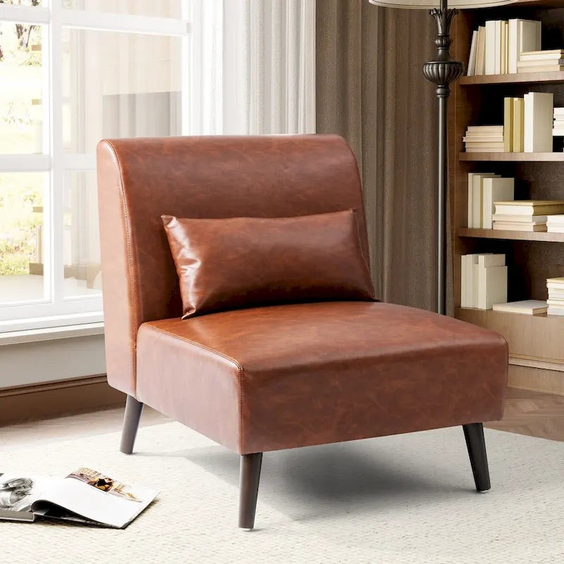 Poltrona senza braccioli con cuscino – Similpelle, struttura in legno