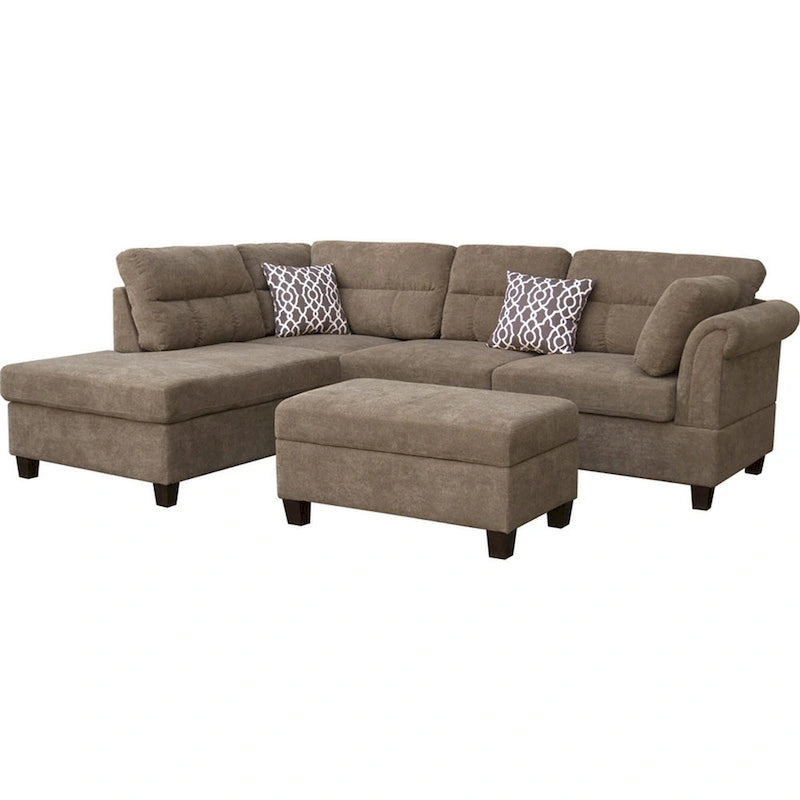 Divano componibile con chaise longue e pouf contenitore