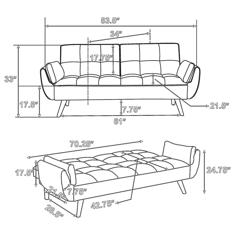 Divano Letto Futon Convertibile con Schienale Trapuntato e Gambe Affusolate, Tessuto Grigio