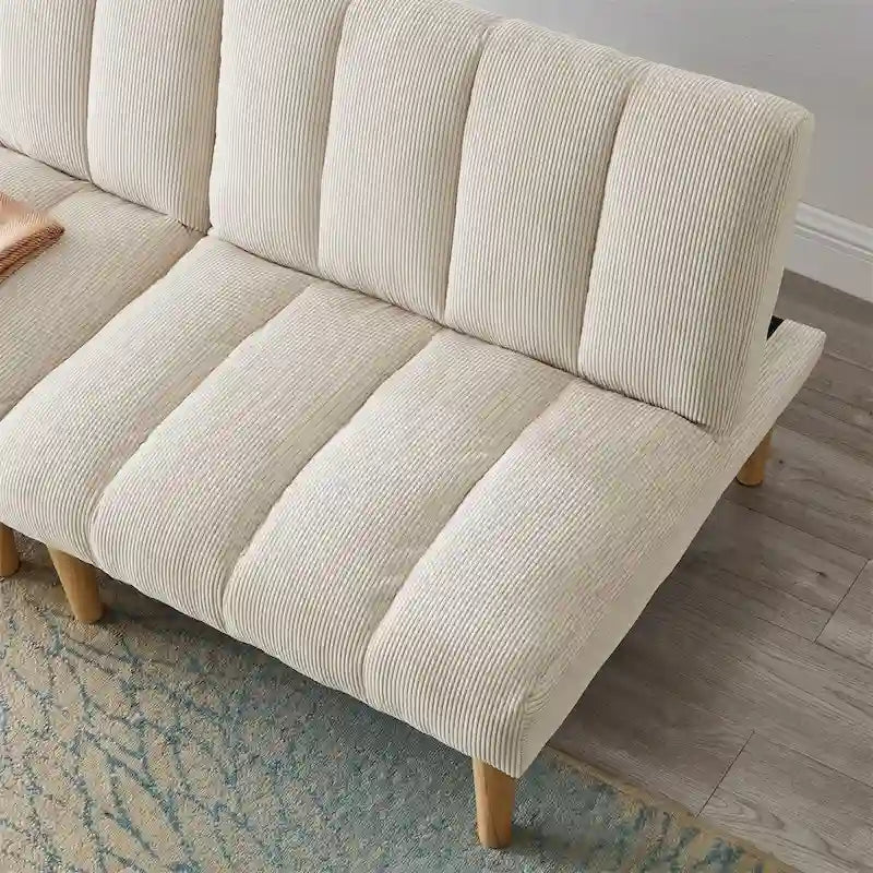 Divano letto convertibile con tessuto in velluto a coste e gambe in legno