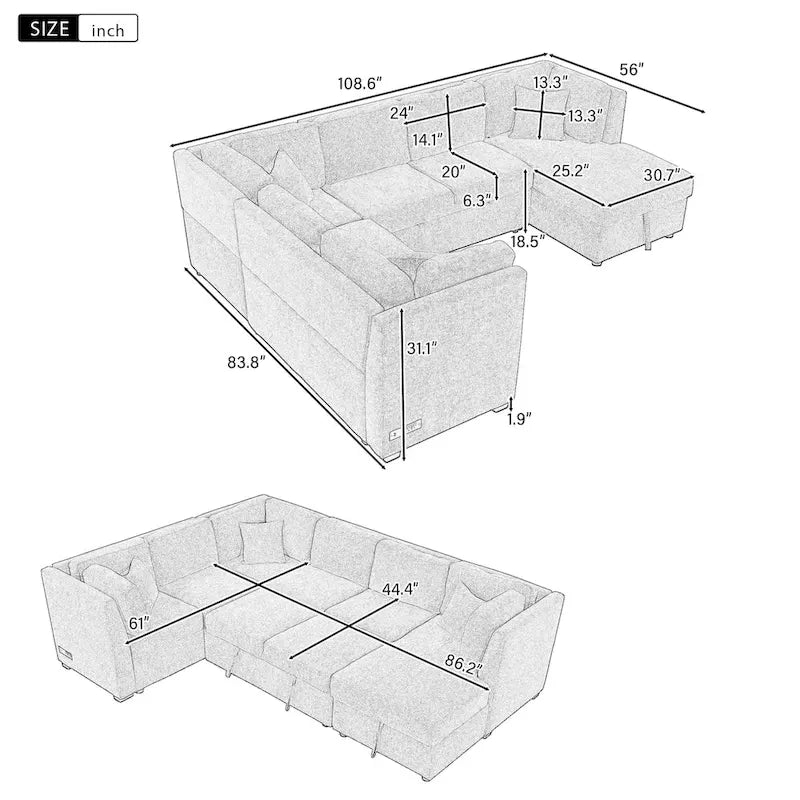 Divano letto componibile a U con chaise longue contenitore