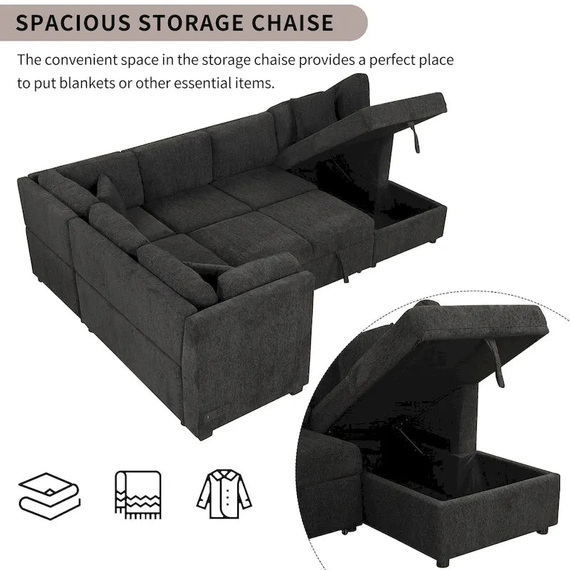 Divano letto componibile a U con chaise longue contenitore