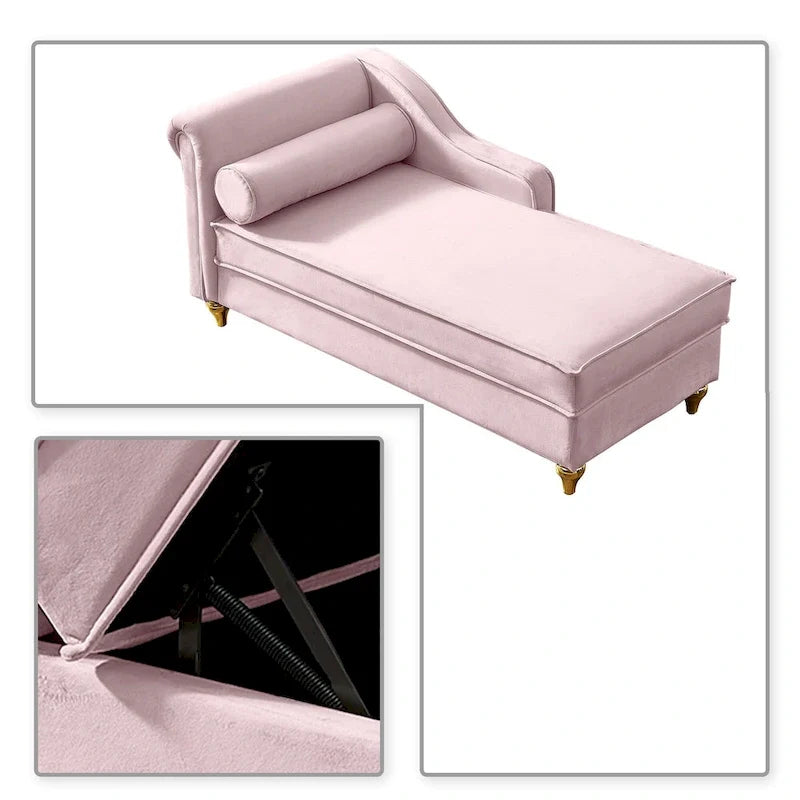 Elegante Franse chaise longue met fluwelen bekleding, opbergruimte en een kussen