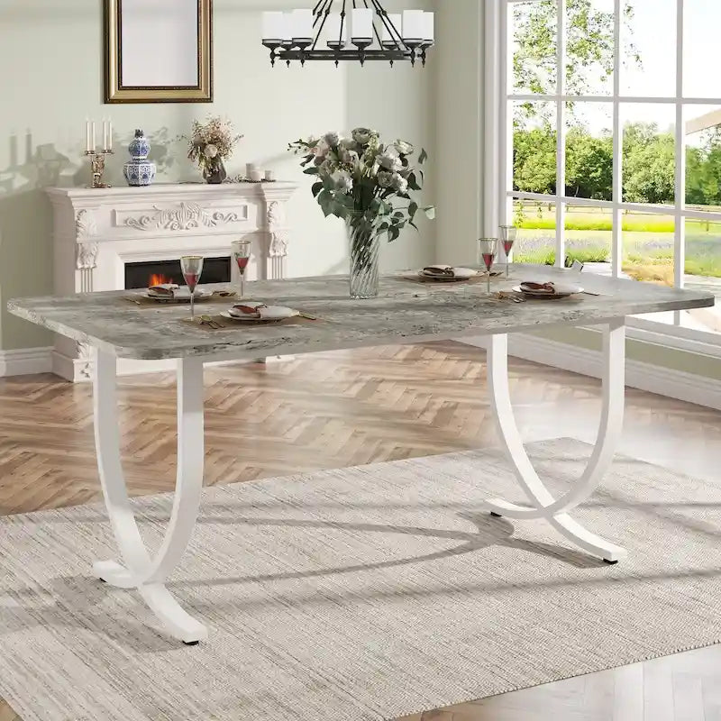 Tavolo da pranzo rettangolare per 4-6 persone, tavolo da cucina moderno da 160 cm con piano in finto marmo e gambe in metallo, grigio e oro