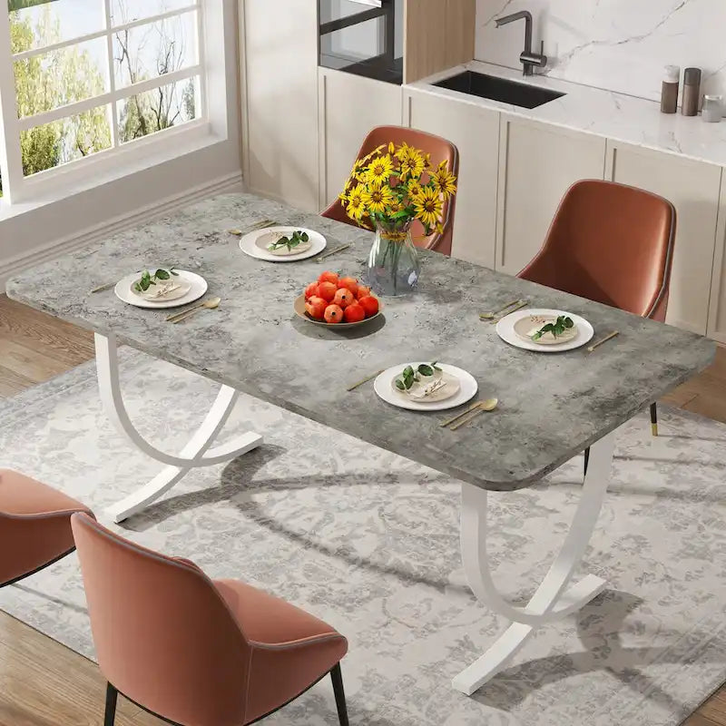 Tavolo da pranzo rettangolare per 4-6 persone, tavolo da cucina moderno da 160 cm con piano in finto marmo e gambe in metallo, grigio e oro