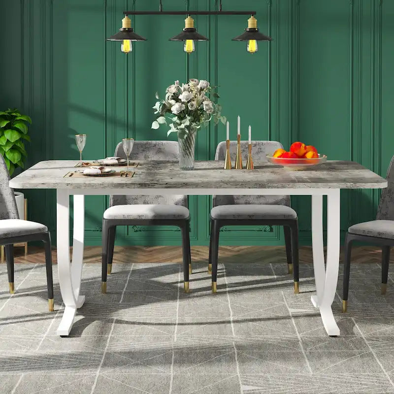Tavolo da pranzo rettangolare per 4-6 persone, tavolo da cucina moderno da 160 cm con piano in finto marmo e gambe in metallo, grigio e oro