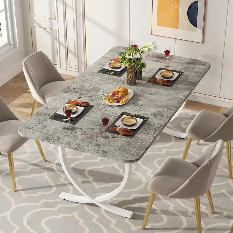 Tavolo da pranzo rettangolare per 4-6 persone, tavolo da cucina moderno da 160 cm con piano in finto marmo e gambe in metallo, grigio e oro