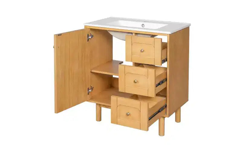 JVNOXK 30-calowa ceramiczna szafka łazienkowa w stylu rustykalnym i nowoczesnym, z 3 szufladami i 1 dużymi drzwiczkami z cichym domykiem, szafka do przechowywania, naturalny rysunek drewna