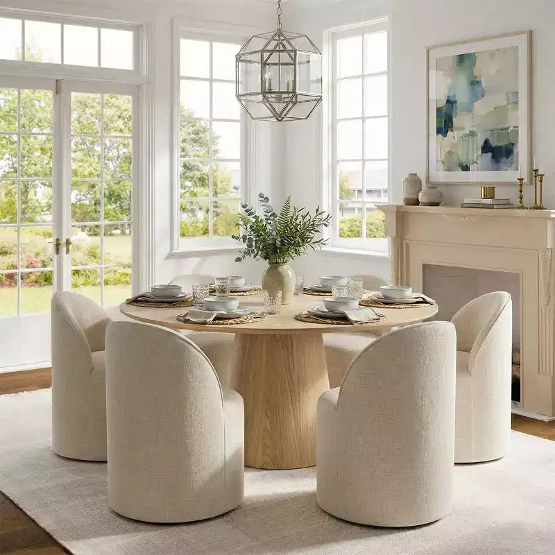 Ensemble de salle à manger moderne pour 6 personnes, table ronde à piètement central, fauteuils pivotants en forme de tonneau à roulettes, chenille texturée - Panipeachy