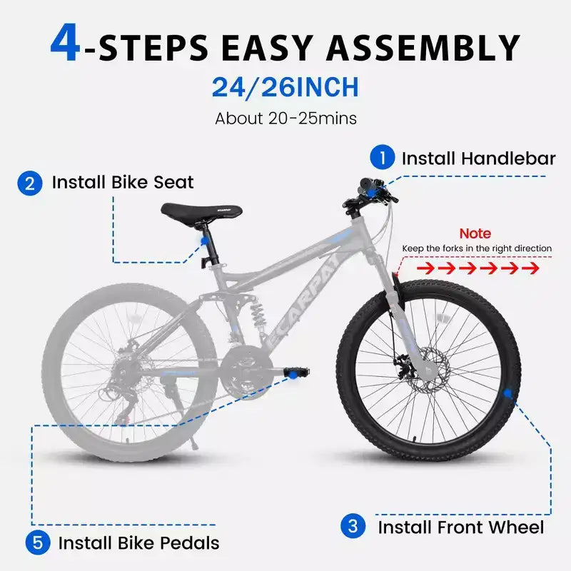 Okak 26IN mountainbike met schijfremmen, fiets voor volwassenen met 21 versnellingen, stevig frame en dubbele achtervering, voor fietsen op stadswegen