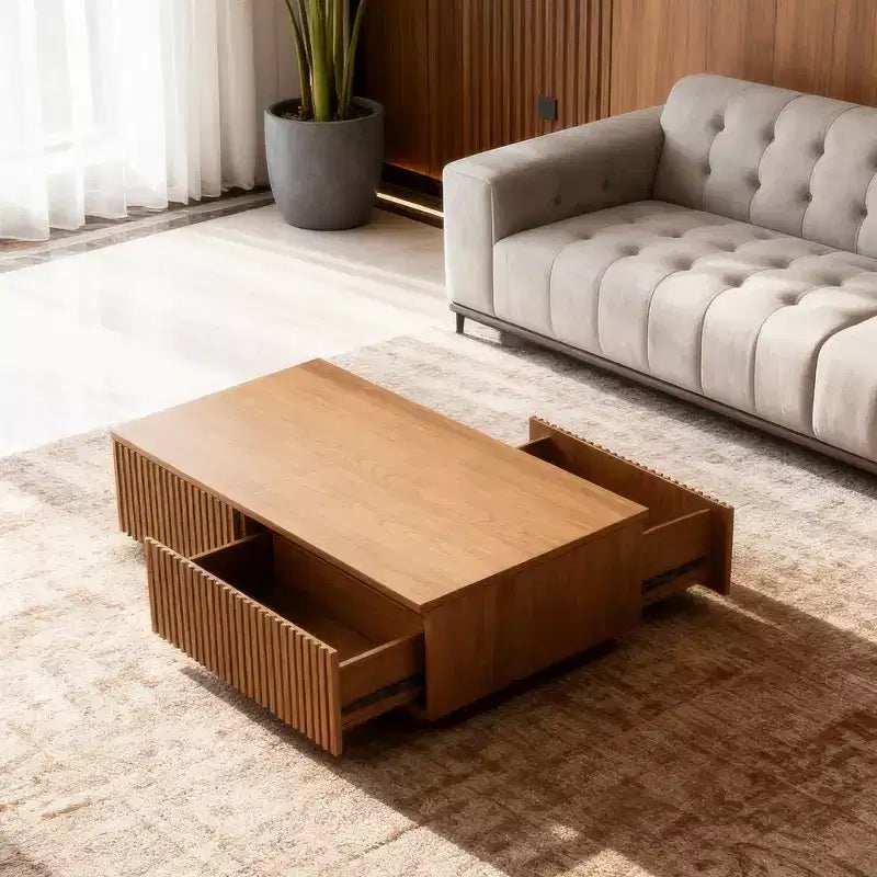 Stolik kawowy w stylu mid-century modern z podnoszonym blatem, orzechowy, prostokątny stolik do salonu 51.1