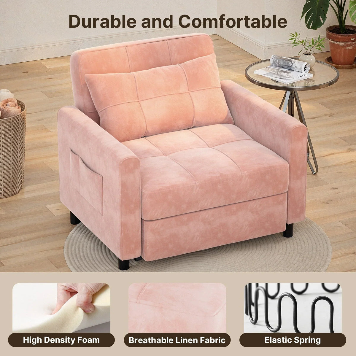 Canapé-lit convertible 3 en 1 avec réglage ajustable, fauteuil-canapé avec lit escamotable, lit pliant convertible pour le salon