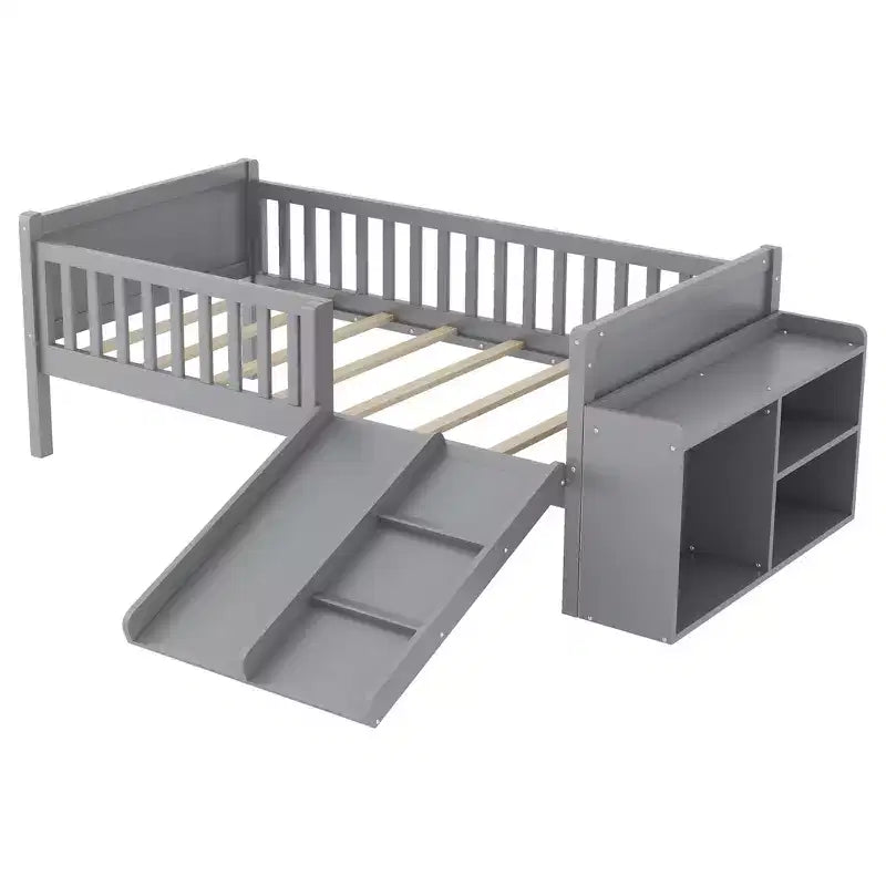 Lit mezzanine bas Whisen format une place pour enfants avec toboggan, bibliothèque de rangement mobile et barrières de sécurité