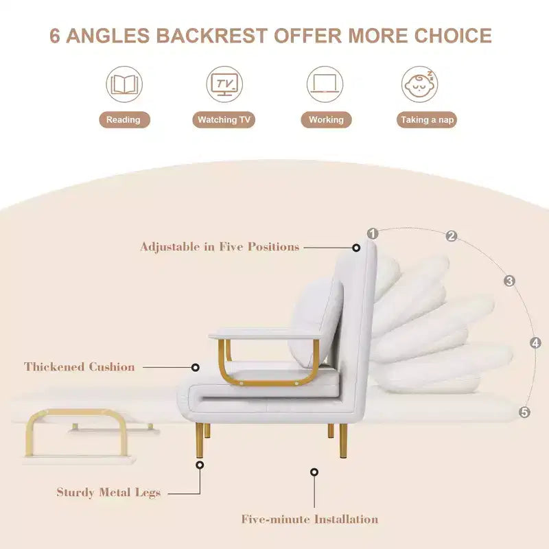 Klappbares Schlafsofa 3-in-1 mit umwandelbarem Sessel - 5-fach verstellbare Rückenlehne mit Kissen, platzsparender Schlafsessel für Wohnzimmer, Schlafzimmer und Büro (Weiß)