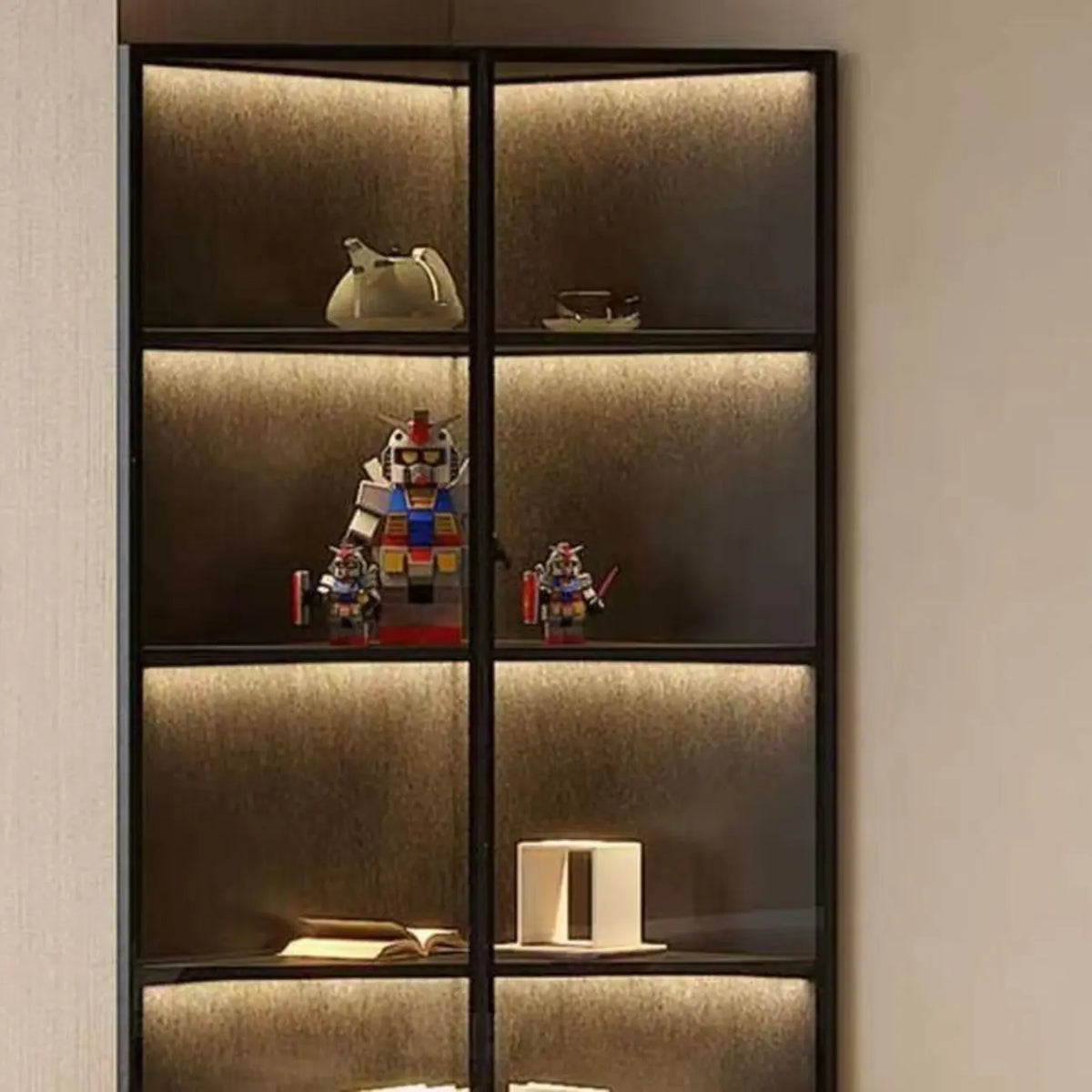 Vitrine d'angle moderne en métal et bois gris avec porte vitrée