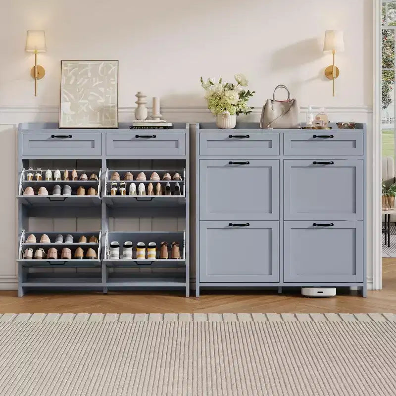 Schoenenkast met 4 klepdeuren en 2 bovenladen, houten schoenenkast met verstelbare plank, vrijstaand schoenenopbergmeubel