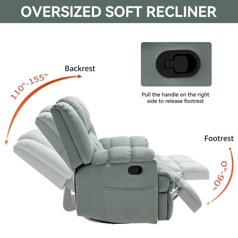 Fauteuil inclinable manuel vert surdimensionné avec fonction pivotante et à bascule, revêtement en tissu