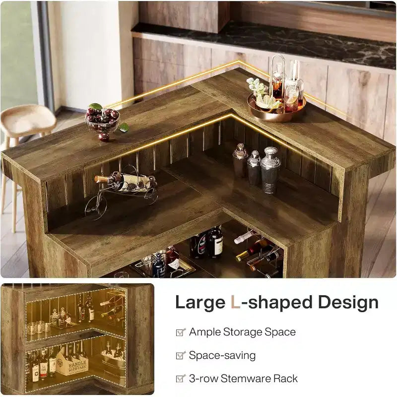 Lantine L-vormige thuisbar, hoekbartafel met 4 niveaus, opbergplanken en wijnglashouder voor thuisbar