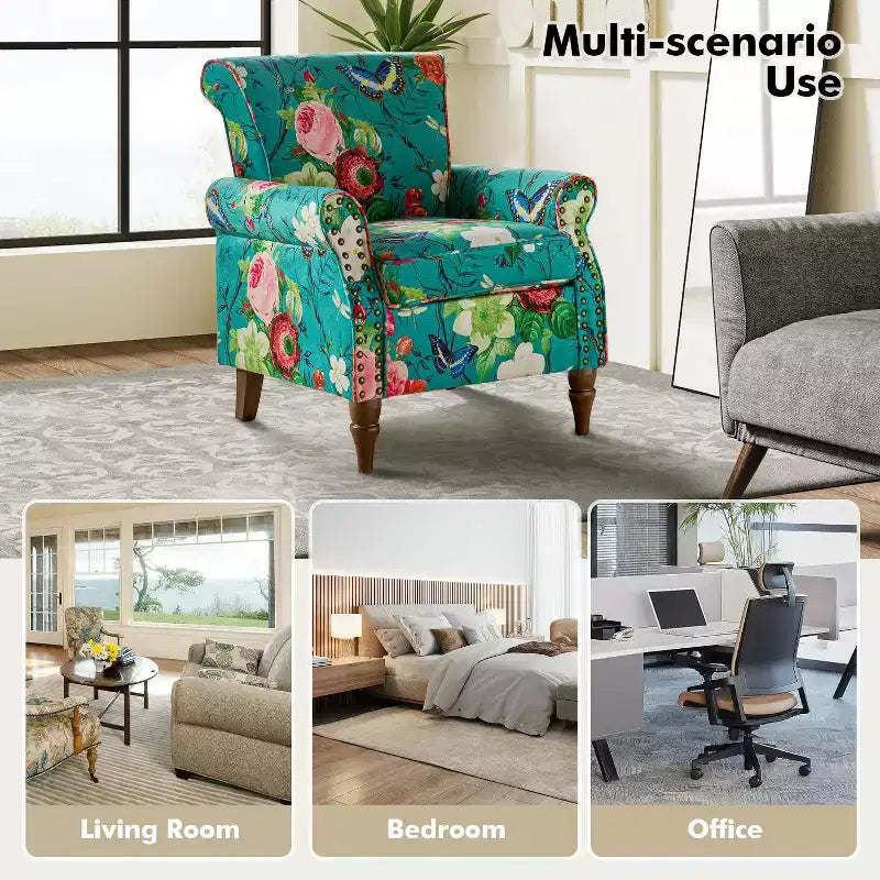 Araceli traditionele houten fauteuil met bloemenstof, hoge rugleuning met vleugels en siernagels| ART OF LIVING DESIGNS