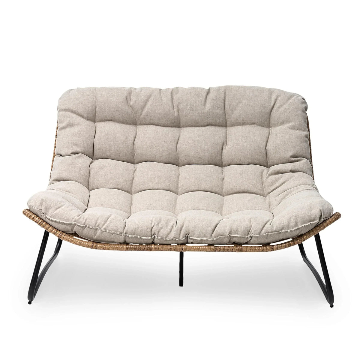Dubbele papasan-loveseat met kussen, weerbestendig PE-rotan en metalen frame voor binnen en buiten