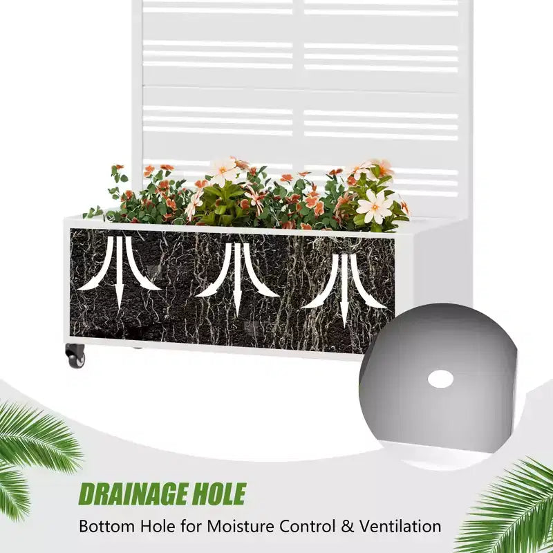 MAYEERTY weißer rechteckiger Pflanzkasten aus Schmiedeeisen mit Rankgitter (Harold Wide-Narrow B Louvered), 72x35x16, 5-teiliges Gartendekor für drinnen und draußen