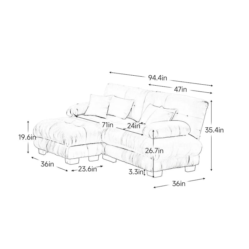 L-vormige loveseat, hoekbank van chenille met lendenkussens