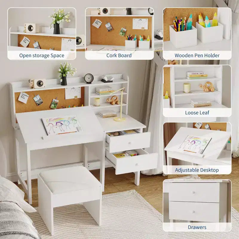 Ensemble bureau et chaise pour enfant, table d’étude en bois avec plateau inclinable réglable, tiroirs et tableau en liège - Ensemble de bureau scolaire pour enfants
