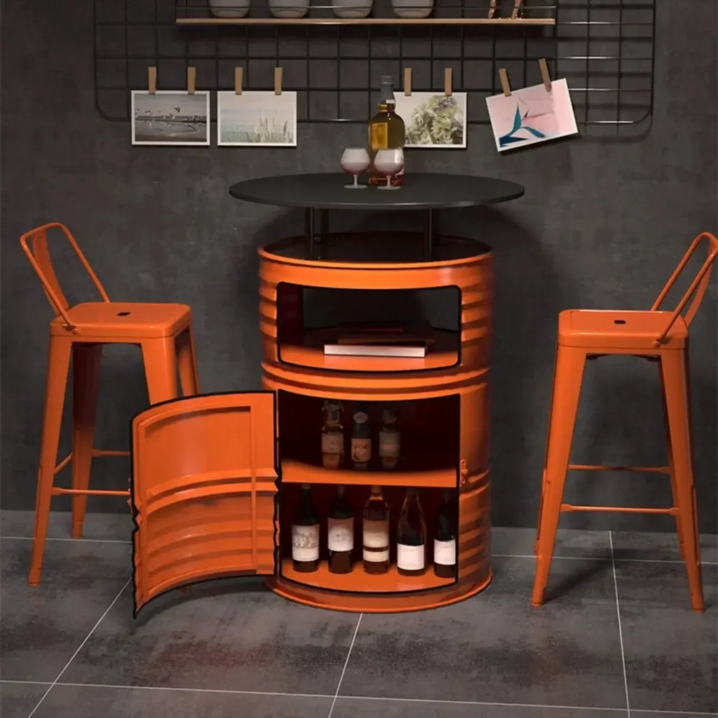 Tables de bar industrielles en métal noir et orange, en forme de fût, avec rangement