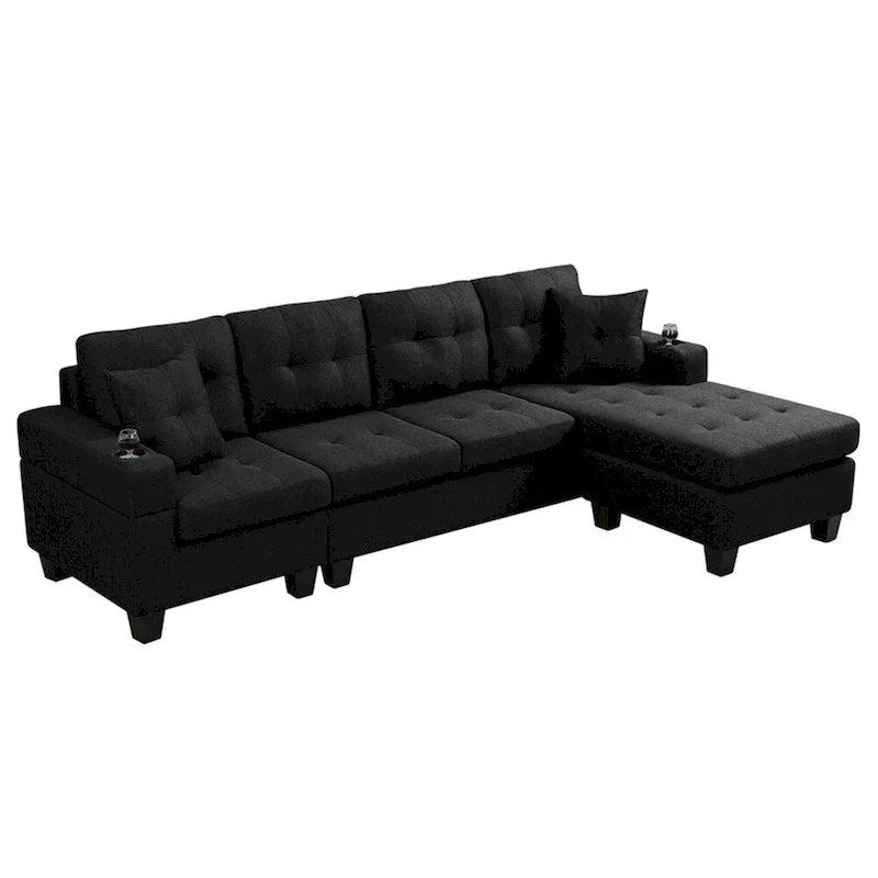 Wohnlandschaft mit L-förmiger Chaiselongue und Getränkehalter