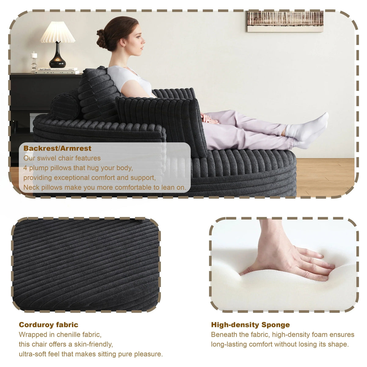 Draaifauteuil voor één persoon van corduroy, chenille en schuim