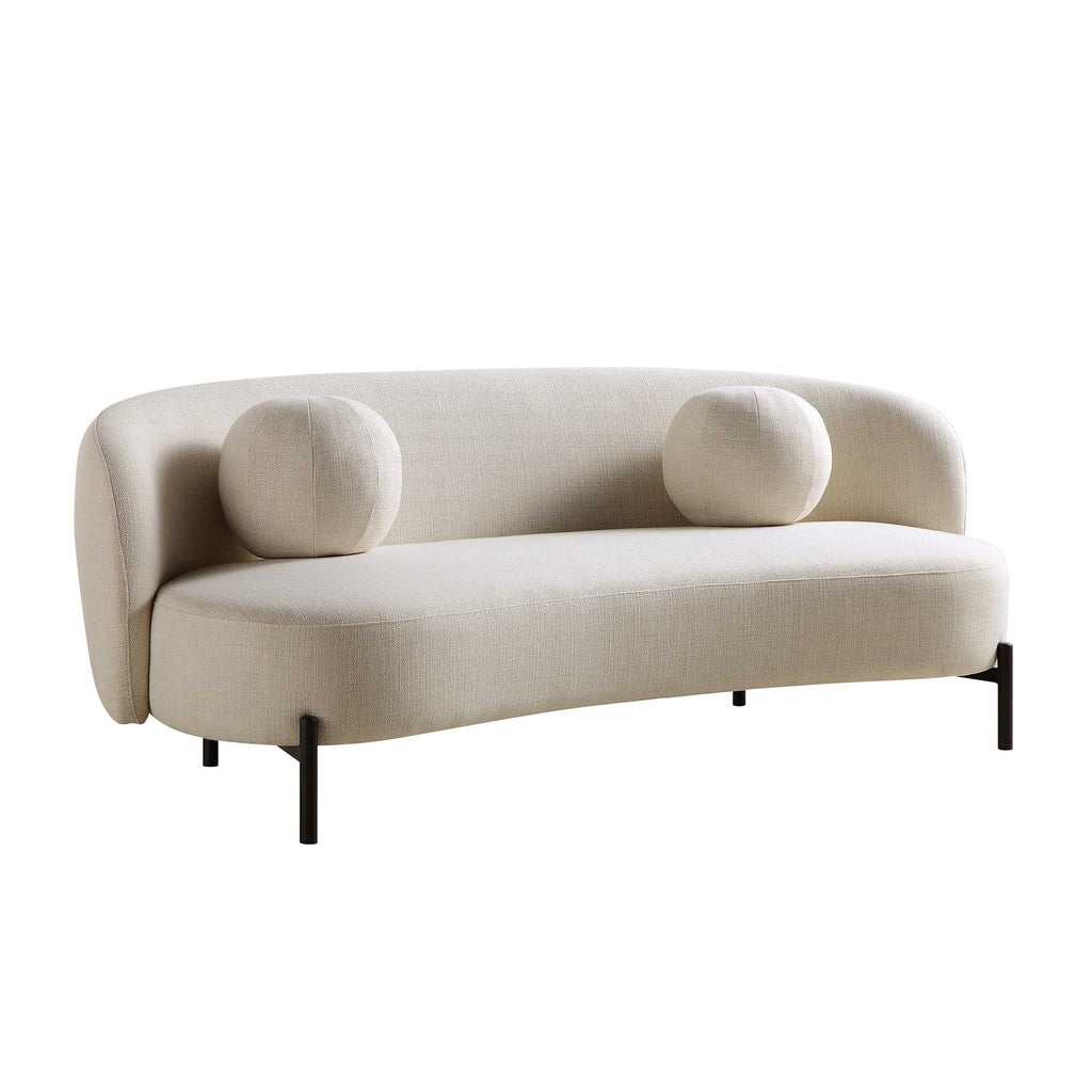 Gebogen driezitsbank met bolvormige kussens, beige linnenmix